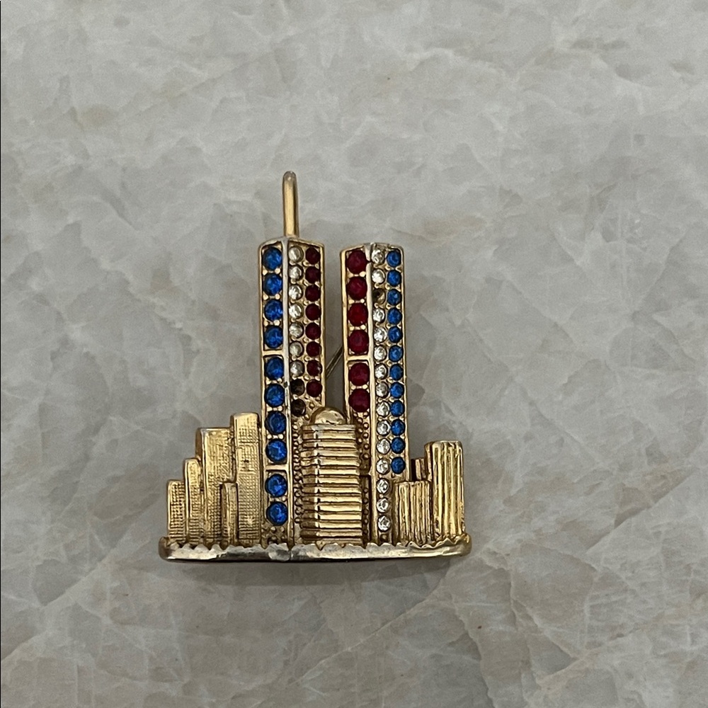 Gold Skyline TWIN TOWERS brooch with Red and Blue Accents